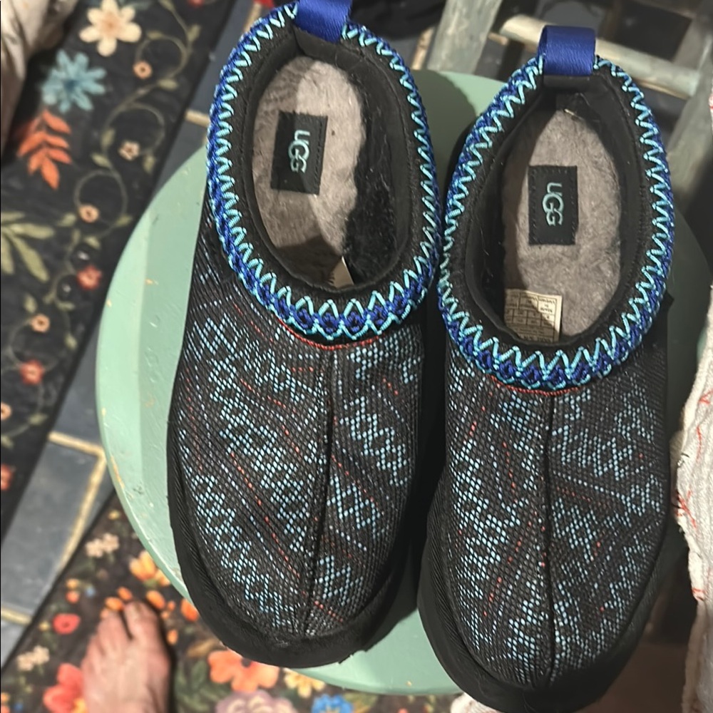 UGG Black Knit Slip-On Shoes with Blue Accents